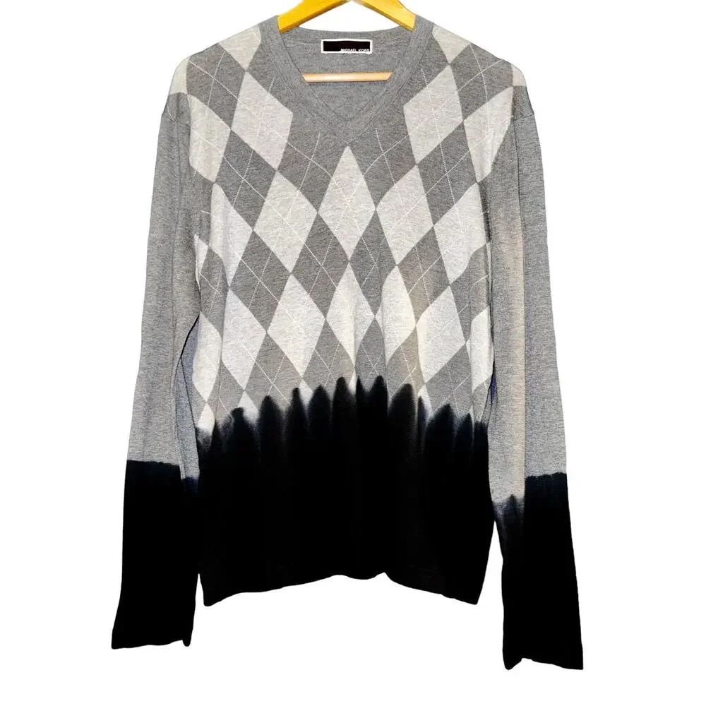 Michael Kors Ink‎ Dipped Argyle Gray Sweater Womens Sz XL Preppy Academia Grunge